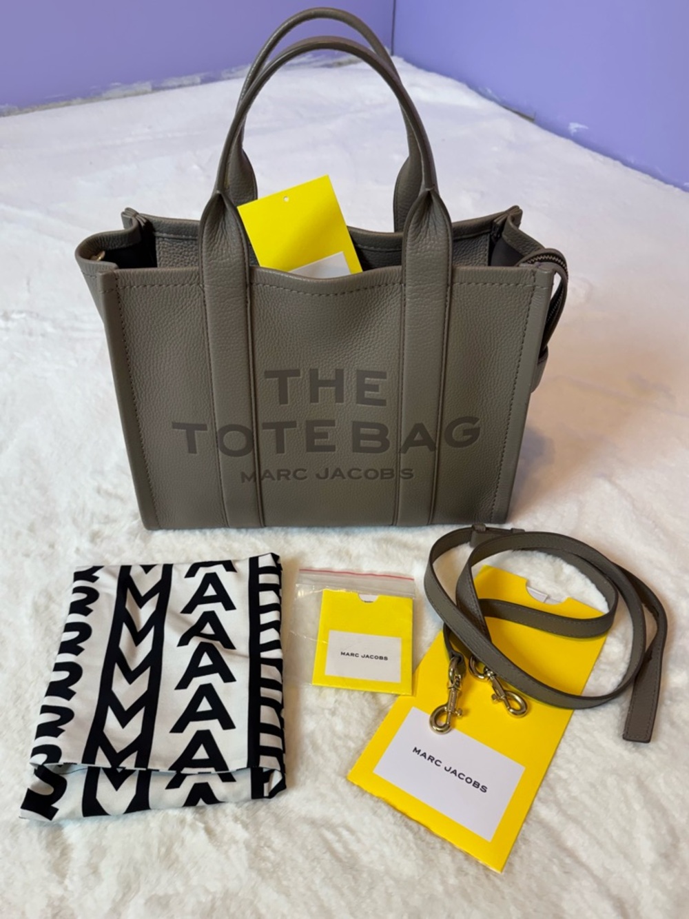 Marc Jacobs The Tote Bag gray leather tote with black logo